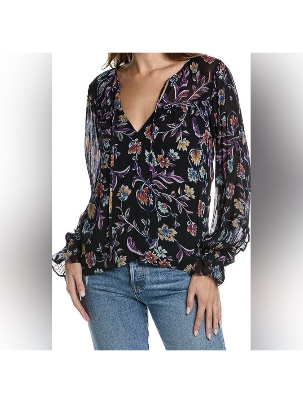 RAMY BROOK Women’s Rosalind Printed Floral Tie-Neck Top In Black-X-Small Boho